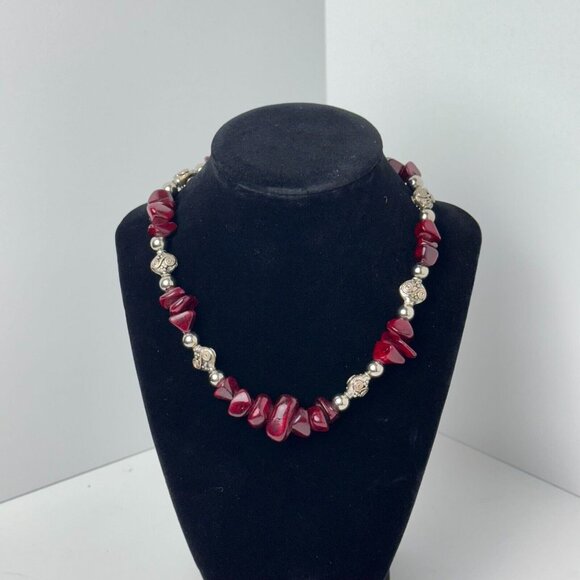 I Silver Red Garnet Beaded Necklace 7.5" Toggle Clasp Fashion Jewelry - Picture 2 of 16